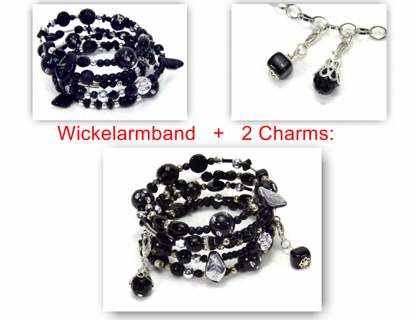 Wickelarmband Spiralarmband schwarz silberfarben inkl. 2 Charms